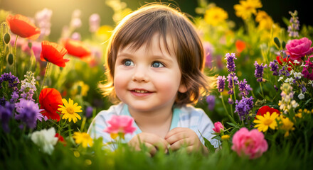 Little Child Sitting Among Colorful Flowers