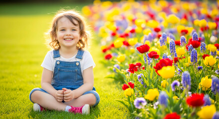 Little Child Sitting Among Colorful Flowers