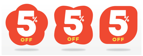 5% off, value, sticker, sale, campaign, sign, marketing, price, liquidation, offer, discount, business, percent, shopping. Vector, icon, set, promo, template