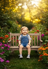 Little Child Sitting on Wooden Bench in Flower Garden