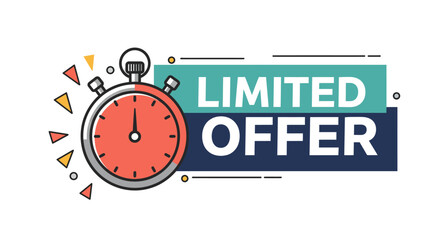 Vibrant Blue Banner with Limited Offer and Countdown Timer. Eye-catching graphic featuring a stopwatch for urgent promotions, exclusive deals, and special sales events