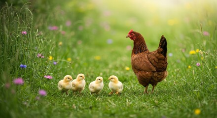 Fototapeta premium Farm chicken standing naturally, symbol of agriculture, food, and countryside lifestyle, perfect for farming, culinary, and organic concept themes.