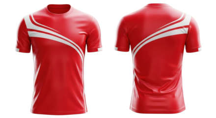 Front and back view of a vibrant red athletic jersey with white curved design elements.