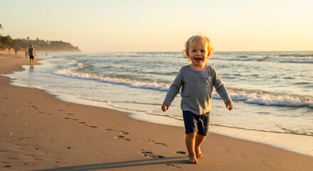Little Child Walking Along Seashore