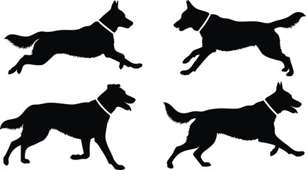 Silhouette depiction of four dogs in various stages of running, showing different poses.