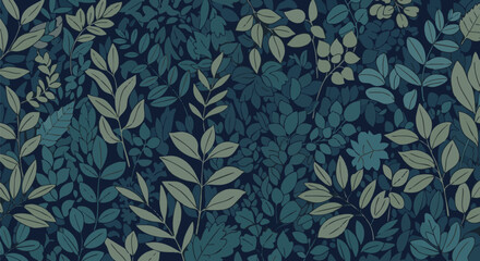 Fototapeta premium Seamless pattern of dense jungle foliage and tropical leaves rendered in dark, moody shades of green and navy blue