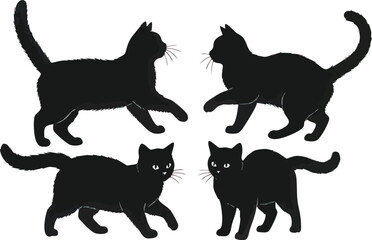 Four black cat silhouettes in various poses, walking and standing, isolated on white background.