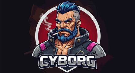 Futuristic cyborg with blue beard smoking a cigarette against a red and black backdrop