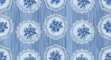 Seamless blue and white watercolor pattern with decorative floral medallions on a background of vertical stripes