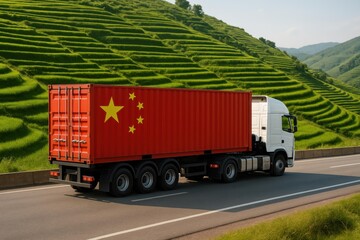 White semi-truck with red shipping container painted with China flag driving on highway beside lush green rice terraces, symbolizing logistics and trade.
