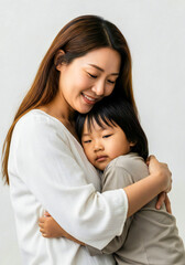 Mother Hugging Child in Bright Studio