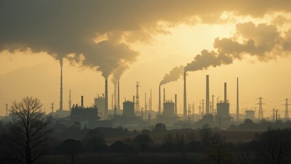 Industrial Landscape at Sunset with Silhouetted Factories and Emissions against a Smoky Sky