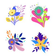 Vibrant Collection of Whimsical Floral Arrangements and Botanical Elements on White Background