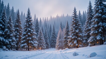 Serene Winter Landscape with Snow-Covered Pine Trees and Gentle Morning Light in a Forest