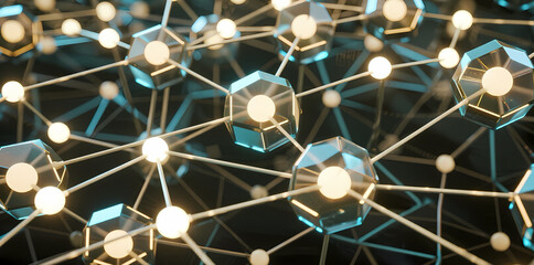 Abstract network of glowing nodes and geometric shapes connected by lines, representing a digital or molecular structure.