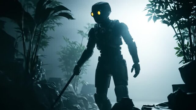 Mysterious robot explores dark foggy jungle environment.
