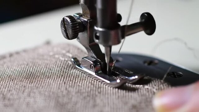 Detailed Macro Shot of a Buttonhole Machine Sewing Tan Cloth Showing Needle Thread and Metal Components in a Brightly Lit Environment Creating Precise Stitching Techniques for Garment Construction