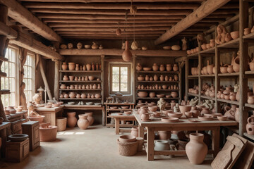 Obraz premium Empty pottery workshop displaying shelves filled with handmade clay pots, vases, and sculptures, sunlight streaming through window illuminating rustic workspace, no people present