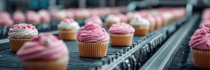 Cupcakes are carefully arranged on a conveyor belt in a busy bakery during the afternoon rush hour