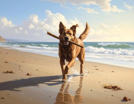 Playful dog on a sunny beach