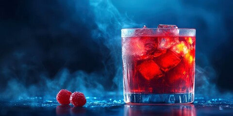 Refreshing cocktail with ice and raspberries on reflective surface with smoke effects
