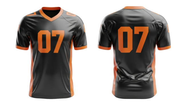 Front and back view of a black and orange football jersey with the number seven displayed.