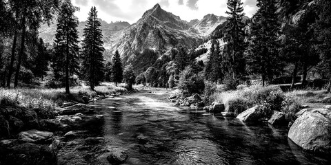 Lush river flowing through mountainous landscape surrounded by trees and wildflowers on a clear day