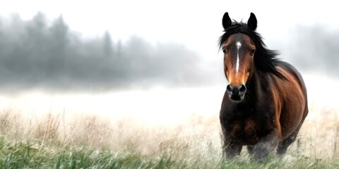 Majestic horse galloping through misty meadow at dawn, showcasing nature's beauty and wild spirit