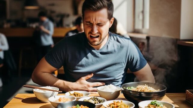 Man experiencing stomach discomfort after enjoying a flavorful Asian meal in a bright restaurant setting
