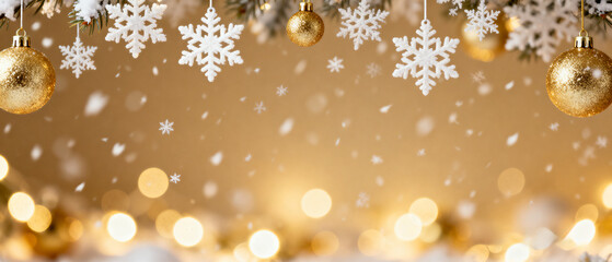 Enchanting Winter Festival: A Dreamy Scene Adorned with Snowflakes and Golden Ornaments