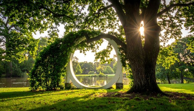 Sunny park scene with a circular arch