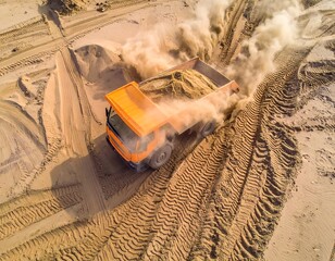 High-angle view of an orange dump truck moving sand