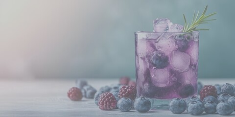 Refreshing purple drink with blueberries and raspberries served on a wooden table - Low Contrast