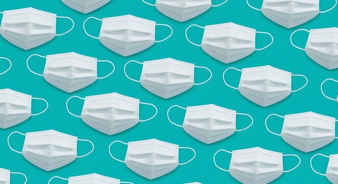 White protective face masks pattern on teal background safety healthcare