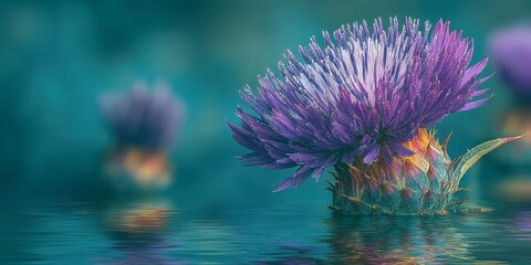 thistle blooms reflect beautifully on calm water surface during twilight near a serene natural setting