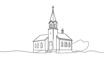 A simple black and white line drawing of a church building. The illustration features a tall steeple with a cross