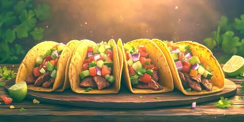Delicious beef tacos with fresh vegetables and lime on a wooden table in a atmosphere
