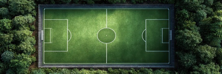 Lush green soccer field surrounded by dense trees in a tranquil setting at midday