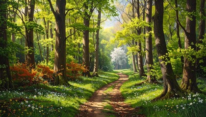 Fototapeta premium Sunny path through a vibrant spring forest