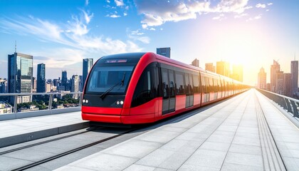 Fototapeta premium A sleek red modern train travels on an elevated track through a futuristic city with a bright sun shining in the blue sky.
