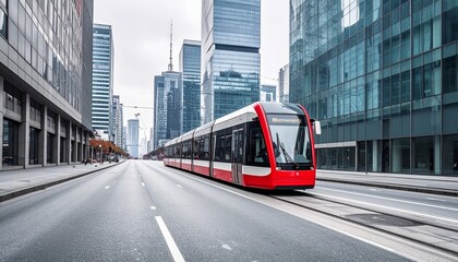 A modern red and white tram travels along a wide city street lined with towering glass skyscrapers reflecting the urban environment.
