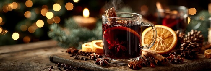 spiced beverage with cinnamon sticks and dried oranges on wooden table during festive season