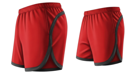 Two pairs of vibrant red athletic shorts with contrasting dark gray trim displayed on a white background.
