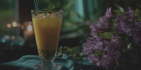 Refreshing tropical drink served with tapioca pearls beside vibrant flowers at a cozy setting - Low Contrast