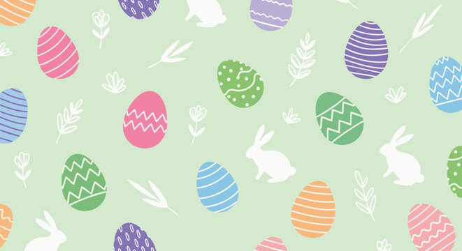 A bright, cheerful seamless vector pattern featuring colorful, decorated Easter eggs, white rabbit silhouettes, and spring floral doodles - Powered by Adobe