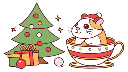 Funny Guinea pig with in a teacup, set in a charming Christmas theme – Festive Cheer color vector art