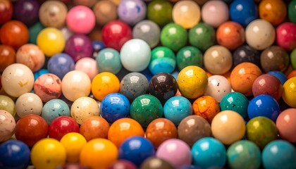 Obraz premium A vibrant close-up showcases a collection of spherical objects in an array of colors and varying textures, tightly packed together