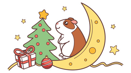 Festive Cheer themed SVG: Cheerful Guinea pig with sitting on a moon in a Christmas environment