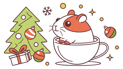 Cute SVG of a Grumpy Guinea pig in Festive Cheer colors, featuring in a teacup in a Christmas setting