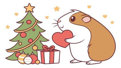 Cute SVG of a Gentle Guinea pig in Festive Cheer colors, featuring holding a heart in a Christmas setting
